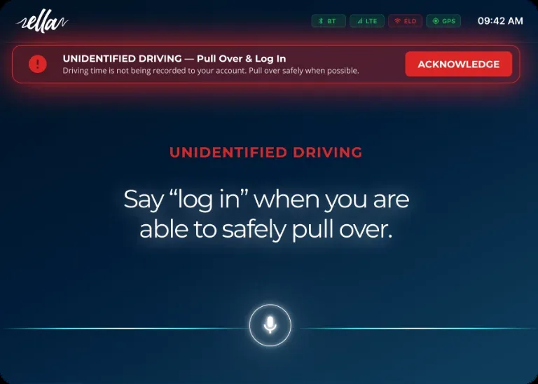 E.L.L.A. screen alerting the driver to unidentified driving and offering to open the ELD login