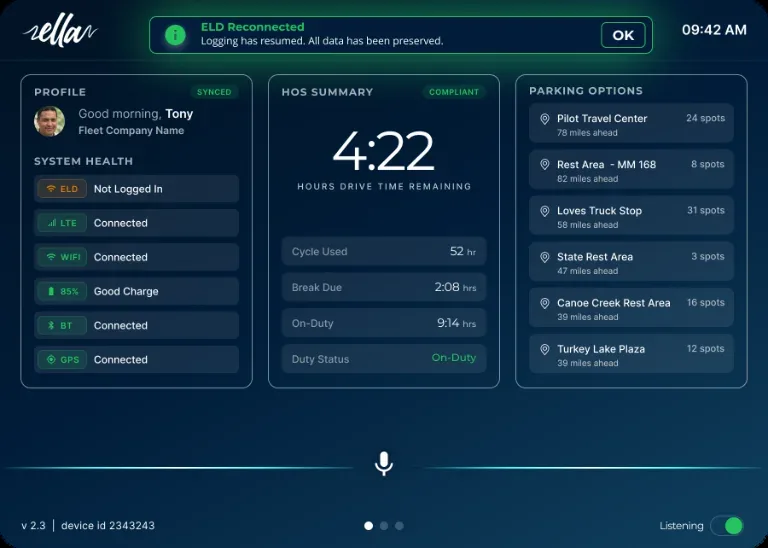E.L.L.A. system health check: ELD not logged in, with LTE, Wi-Fi, battery, Bluetooth and GPS all reporting normally