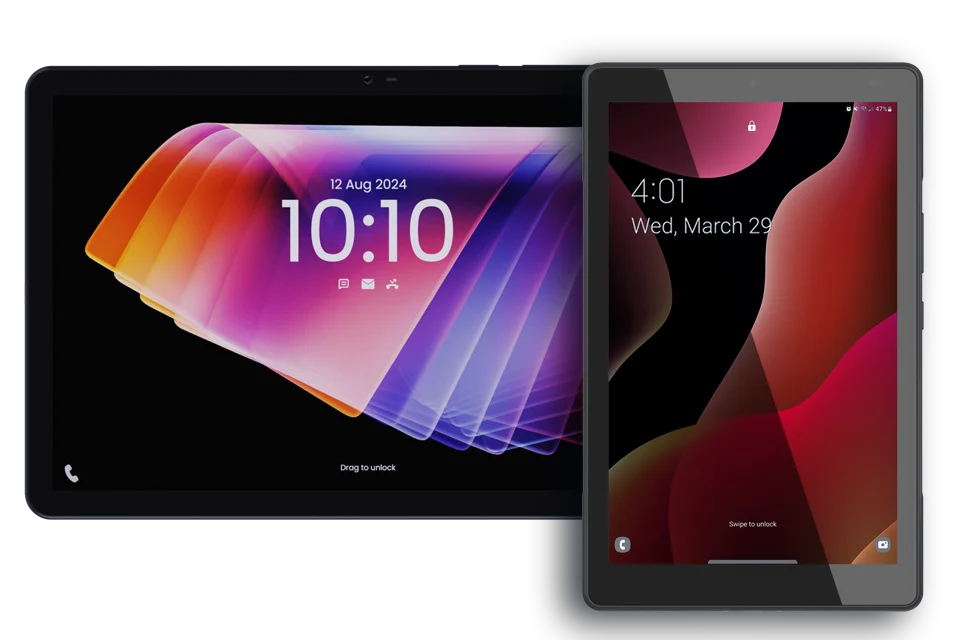 The FleetTab T105, an 11-inch tablet, beside the smaller 8-inch FleetTab T80, shown to scale