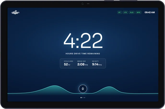FleetTab T105, front, showing hours of drive time remaining in E.L.L.A.