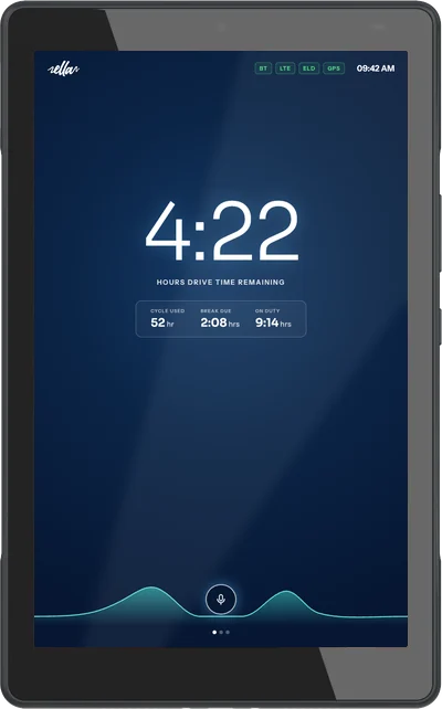 FleetTab T80, front, showing hours of drive time remaining in E.L.L.A.