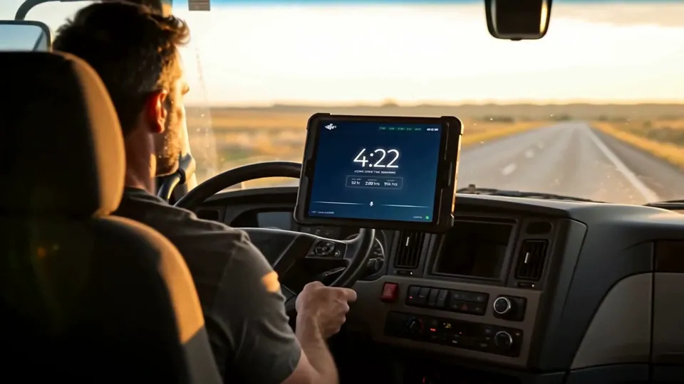 A FleetTab mounted on the dashboard of a truck cab while the driver looks down the road at sunset