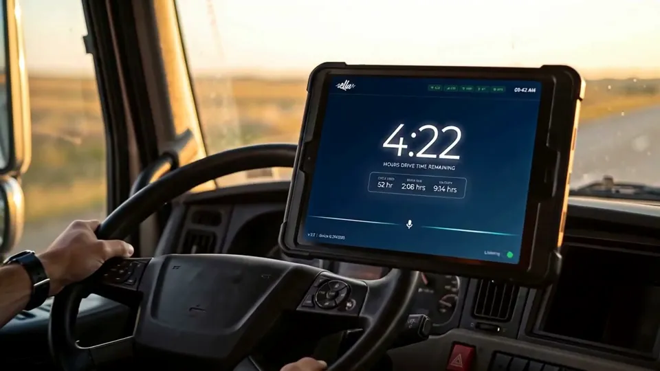 A FleetTab mounted beside the steering wheel, showing hours of drive time remaining