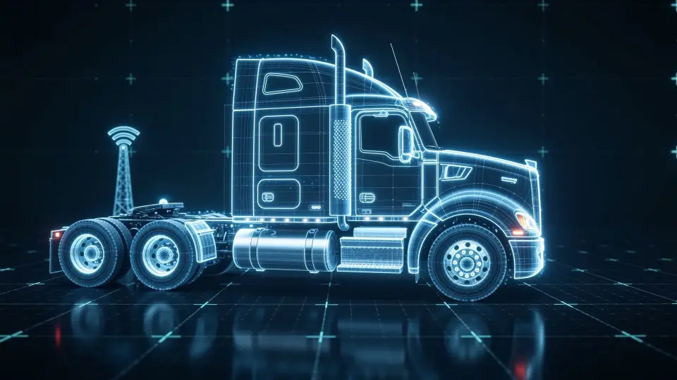 A wireframe tractor drawn in blue light on a digital grid, flanked by cell towers