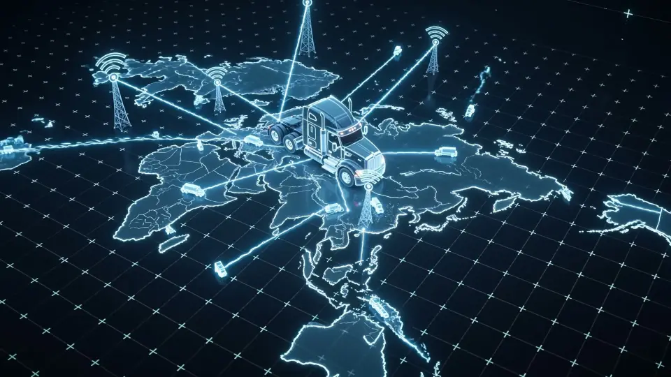 A world map drawn in blue light, with a truck linked to cell towers across continents