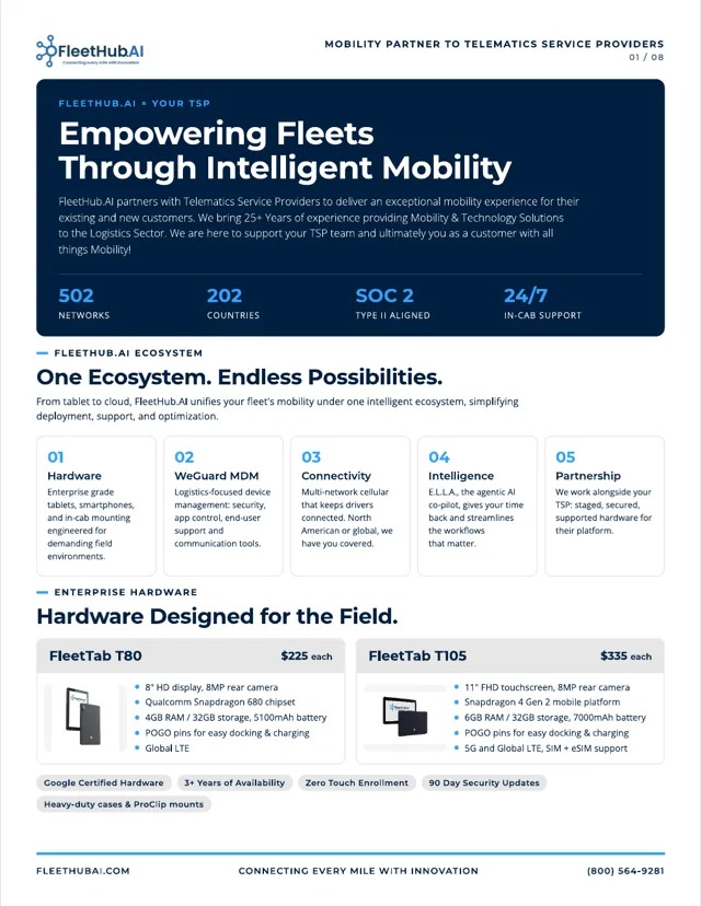 First page of the FleetHub.AI mobility overview for telematics service providers